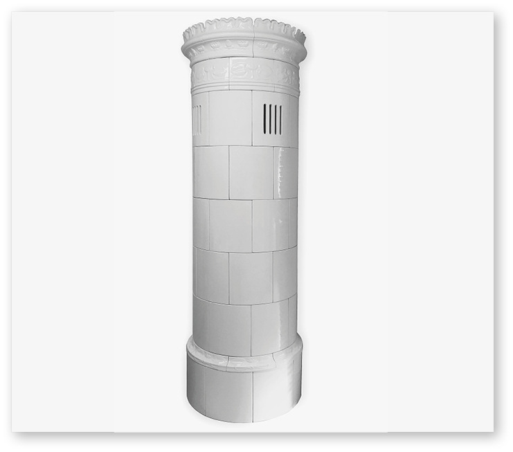 Selbst wenn kein Schornstein vorhanden ist, muss man auf einen schwedischen Kachelofen nicht verzichten. Hier das elektrisch beheizte Modell „Kalmar“ mit Warmluftaustritt.