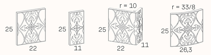 Die unterschiedlichen Kachelvarianten der „Davinci”-Serie: die Rechteckige, die Halbkachel, die Eckkacheln und die Kachel mit Radius, zur Realisierung von Rundungen.