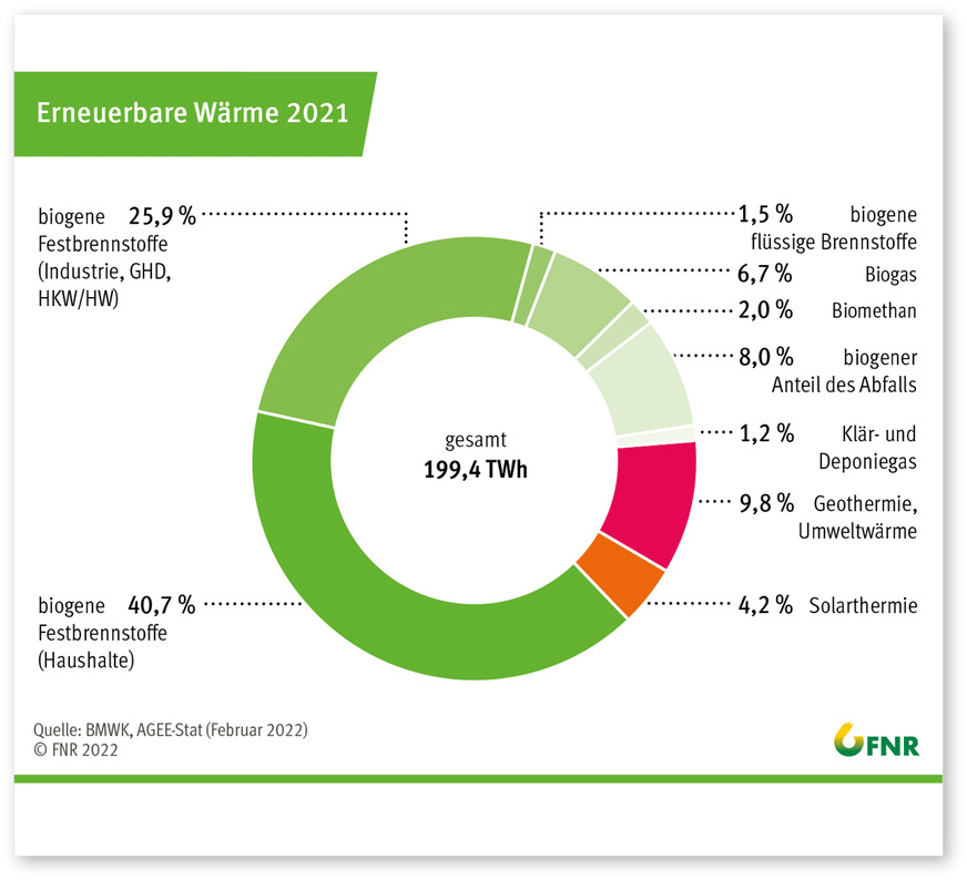 Mit über 40 Prozent hatten biogene Festbrennstoffe im Jahr 2021 den höchsten Anteil an erneuerbarer Wärme in Privathaushalten.