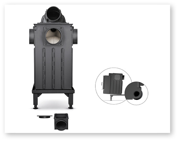 Gusskuppel Ø 180 mm mit Putzdeckel oder seitlicher Abgasstutzen Ø 180 mm für niedrige Bauweise „sideboard“. Verbrennungsluftstutzen Ø 150 mm wird durch den Feuerraumboden installiert. Vertikaler oder waagerechter Anschluss. Stabiles Traggestell und am Korpus integrierte Rollen für eine einfache Handhabung.