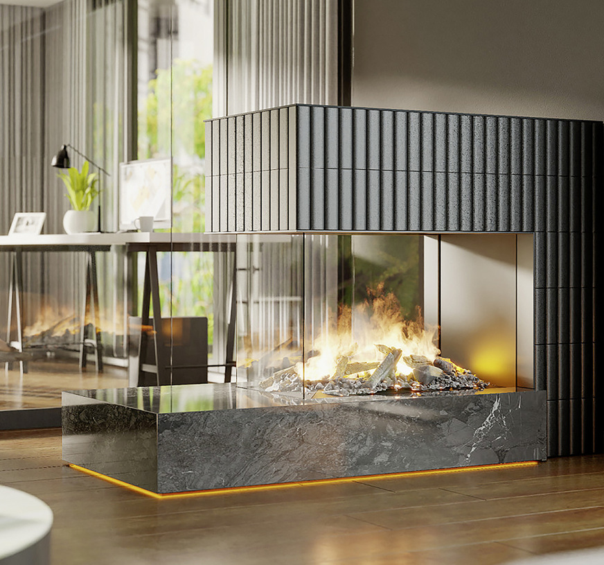 Unter dem Namen „b2“ präsentiert Freifeuer eine bodenstehende Planung mit einem dreiseitigen e-Kamin. Der Feuertisch ist aus Neolith gefertigt. Durch die versetzte Sockelleiste mit integrierter LED-Beleuchtung entsteht eine schwebende Optik. Der beheizte Oberbau ist mit Kaufmann-Keramik „Soap“ in der Glasur Mangan verkleidet.