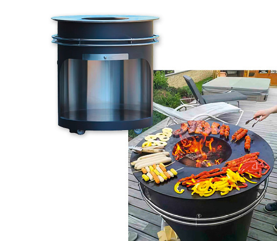 Rollbar und aus Edelstahl mit schwerer Planche-Grillplatte ist die Gartenfeuerstelle von Beckmann. Optional erweitern ein zentral zu platzierender Grillrost, eine Paella-Pfanne oder ein Wok den Funktionsumfang.