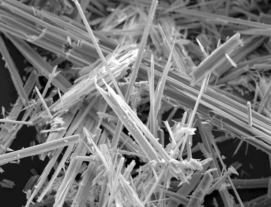 Diese Aufnahme der spitzen Asbestfasern unterm Elektronenmikroskop lässt erahnen, weshalb die lungengängigen Fasern sogar Zellschädigungen bis hin zu Krebs verursachen können.
