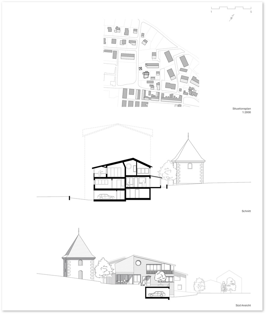 Während sich der bergseitige Teil auf die direkte Nachbarschaft des Pulverturms bezieht, eröffnen sich im talseitigen Haus von jeder Etage aus weite Blicke in die umliegende Bergwelt.