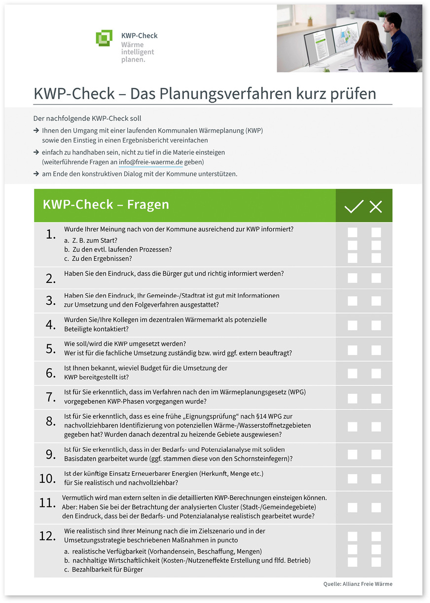 Auf der Webseite www.freie-waerme.de findet sich eine interaktive Checkliste zur Kommunalen Wärmeplanung.