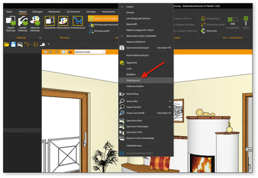 Abb. 12: Auswahl des Hintergrundes für eine Kamera im Perspektivfenster