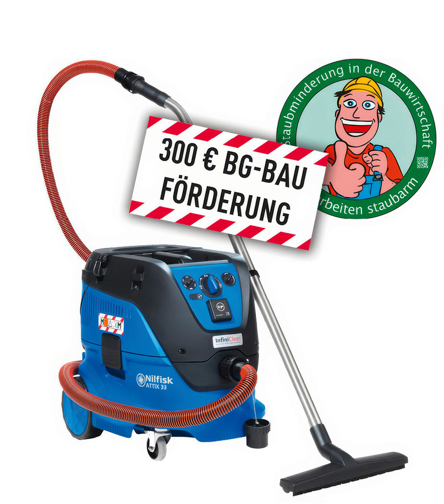 Auch der handliche Nilfisk-Sauger Attix 33-2M IC erfüllt die Staubschutzklasse M und ist somit förderfähig durch die BG Bau.