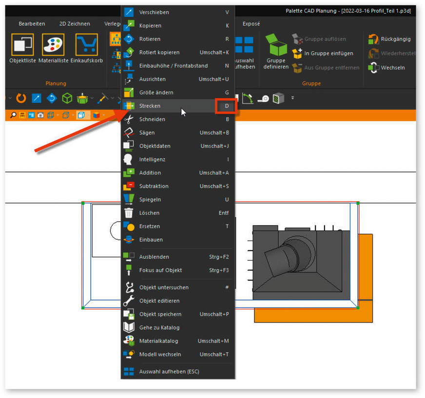 Abb. 8: Aufrufen des Befehls „Strecken“ über das Kontextmenü