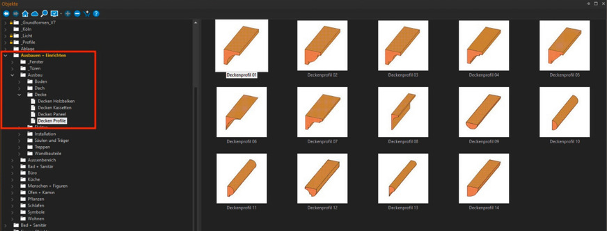 Abb. 9: Deckenprofile in den Objektkatalogen