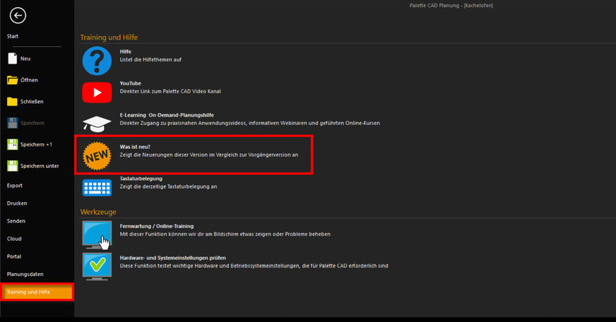 Abb. 2: Schalter „Was ist neu?“ im Bereich „Training und Hilfe“