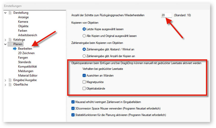 Abb. 2: Ordner „Planen“ in den Programmeinstellungen.