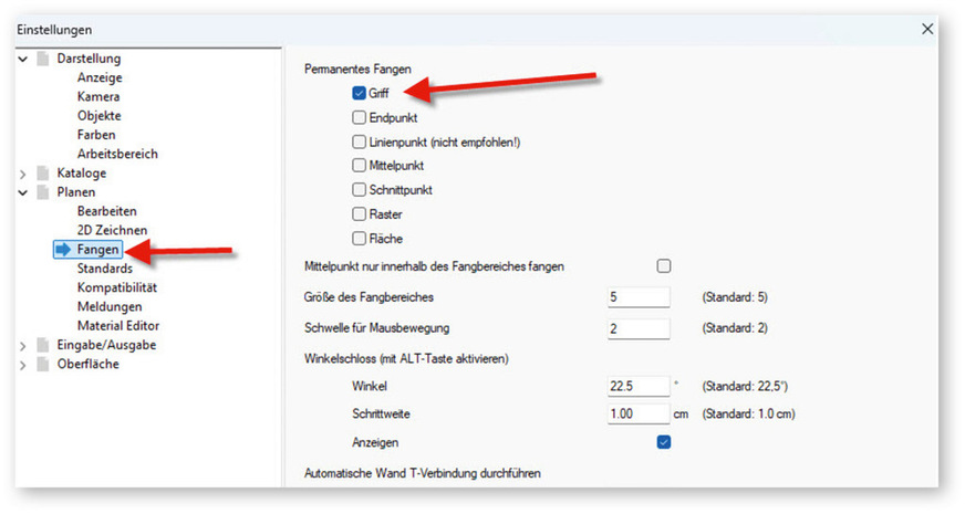 Abb. 3: Standardeinstellungen im Ordner „Fangen“ der Programm­einstellungen.
