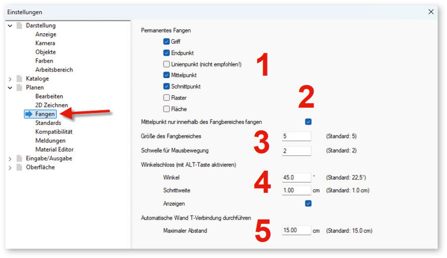 Abb. 5: Angepasste Einstellungen im Ordner „Fangen“ der Programmeinstellungen.