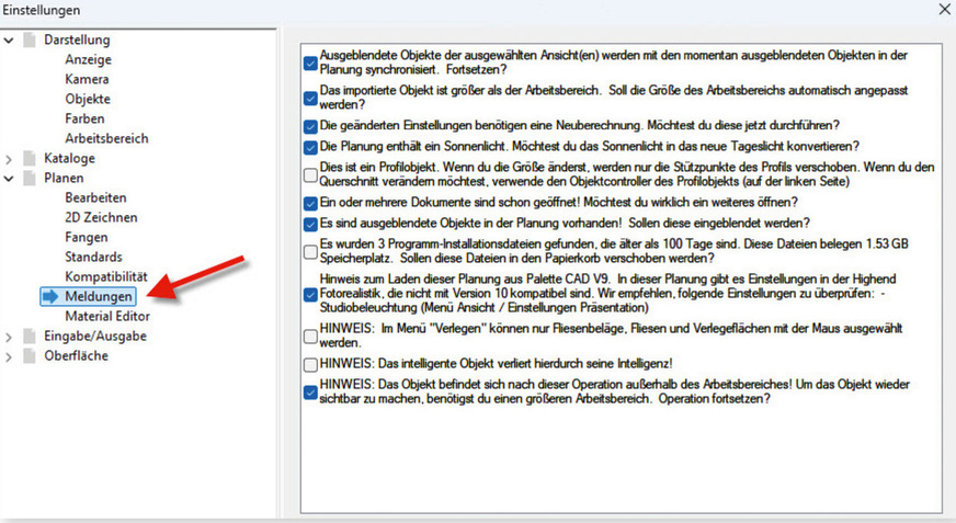 Abb. 10: Unterpunkt „Meldungen“ im Ordner „Planen“.