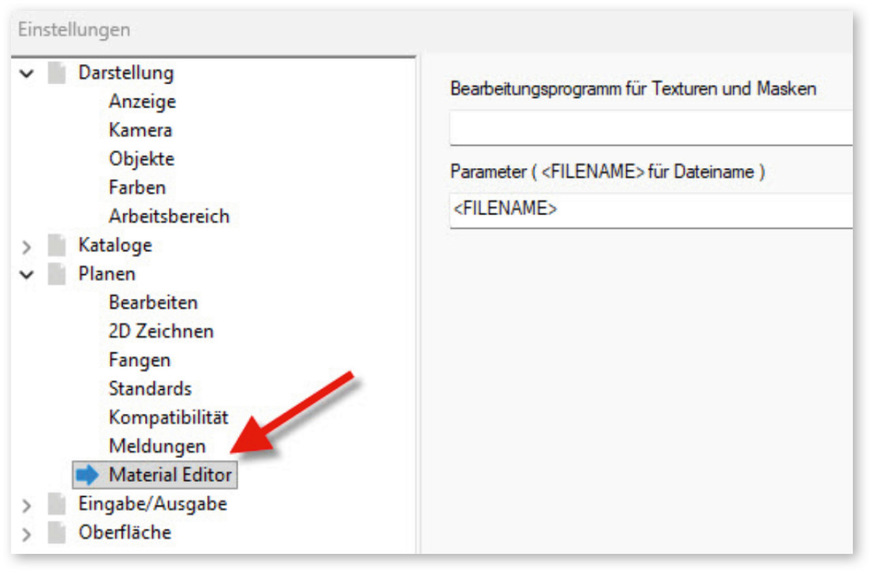 Abb. 11: Unterpunkt „Material Editor“ im Ordner „Planen“.