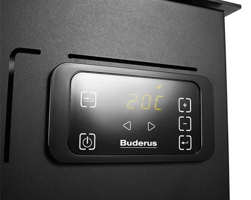 Förderfähige Biomasseheizungen müssen die erzeugten Wärmemengen messen. Buderus macht dies beim Pelletofen  „ Logastyle Lamina ”  über das Display sichtbar: Anlagenbetreiber können unter anderem die erzeugte Energie, die aktuelle Leistung und die Menge der verbrannten Pellets ablesen. Auch der jahreszeitliche Raumheizungsnutzungsgrad in Prozent wird angezeigt.