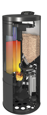 Innere Werte: Die technische ­Brillanz des Pelletkaminofens „Carus Aqua 2.0“ zeigt sich hinter der Verkleidung.