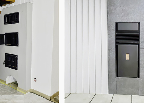 Piazzetta bietet auch automatisiert arbeitende Pellet-Heizeinsätze mit Multifuoco-Gebläse für die Warmluftversorgung mehrerer Räume als Austauschgerät an (links: Kachelofen als Hinterlader vor dem Umbau, rechts: mit Piazzetta Pellet-Heizeinsatz und zusätzlichem Vorratsbehälter als Schüttlade).