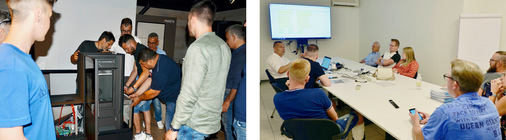 Bei den Schulungen wird praktisch Hand angelegt. Hier eine Gruppe aus Spanien und rechts eine Gruppe deutscher Ofenbauer beim Theorieteil der Schulungsprogramme.