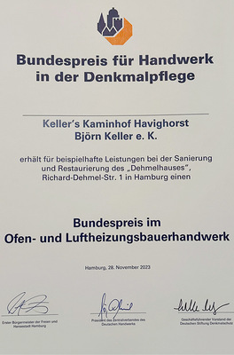 Urkunde zum Bundespreis für Handwerk in der Denkmalpflege.