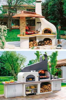  Mit den verschiedenen Outdoorküchen von Palazzetti holt man sich ­immer italienisches Flair in den Garten. Feuer findet hier gleich an mehreren ­Stellen Verwendung: Im Pizzaofen sowie im Grill, der auch die Funktion eines Kamins übernimmt.