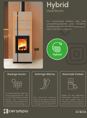 Mit dem Ofenmodell „Hybrid“ beschreitet Cerampiù einen einzigartigen Weg. Er lässt sich außer mit Scheitholz auch mit Strom beheizen, zum Beispiel aus der heimischen Photovoltaikanlage.