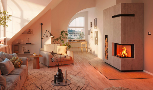 Große Sichtscheiben und einen hohen Variantenreichtum zeichnet die „Varia“-Serie (hier ein Eck-Kamineinsatz „Varia-2r-55h“) aus.