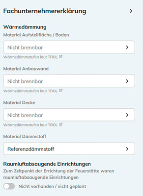 Eingabe der Parameter für die Fachunternehmererklärung nach TROL.