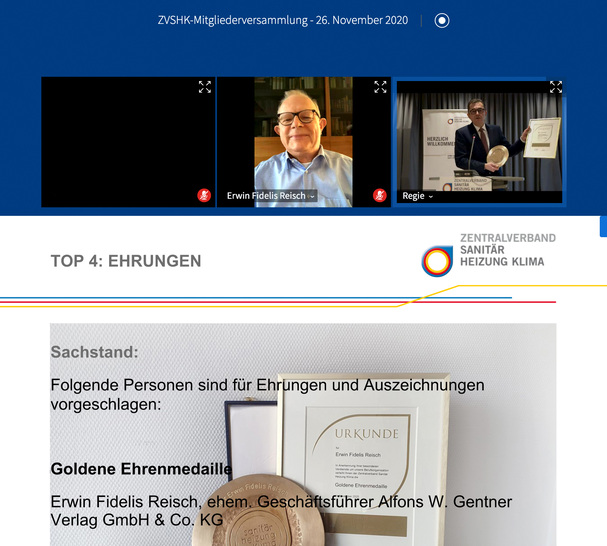 <p>Ehrenvolle Aufgabe für ZVSHK-Präsident Michael Hilpert: Verleger Erwin Fidelis Reisch bekam für seine bedeutenden Verdienste um die SHK-Handwerke die Goldene Ehrenmedaille überreicht – auf digitalem Weg.</p> - © Foto: ZVSHK