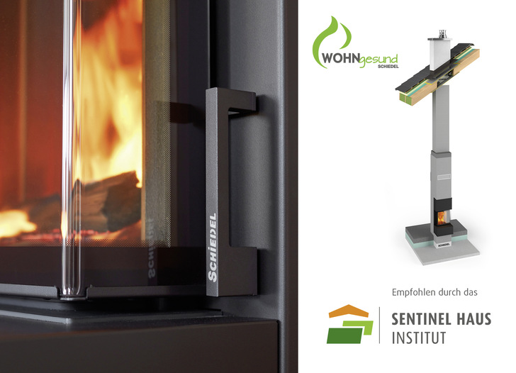 Das Ofen-/Abgassystem Schiedel  „ KINGFIRE ”  vereint Kaminofen und Schornstein in einem Element, wurde vom Sentinel Haus Institut auf Schadstoffe geprüft und wird als wohngesund empfohlen.