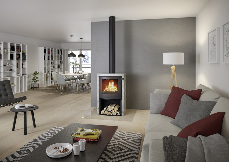 „ Q-TEE 2 C Speckstein” ist ein Speicherofen mit solider Bauweise und variablen Details, die individuell zusammengestellt werden können.