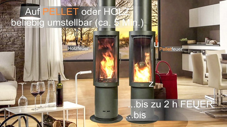 Scheitholz-Ofenmodelle von Max Blank können auch nachträglich mit der original Pelletkassette des Herstellers ausgestattet werden und bieten in beiden Betriebsarten ein tolles Flammenbild.