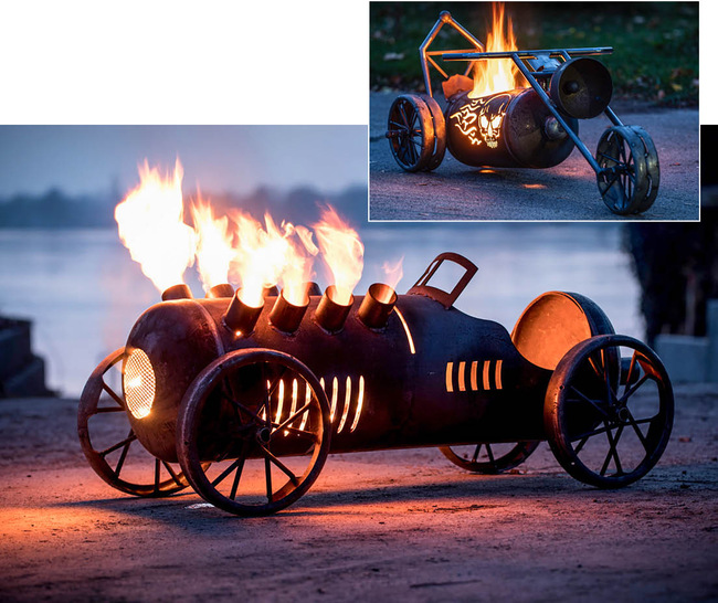 Jede Menge origineller Feuerskulpturen für den Garten (zumeist auf Basis lasergeschnittener Gasflaschen) produziert und liefert die JM Feuer Metallmanufaktur. Individualisierte Logos sind ebenfalls umsetzbar.