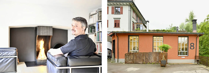 Tobias Rutz, Ofenbauer aus Leidenschaft und seine Werkstatt (rechts).
