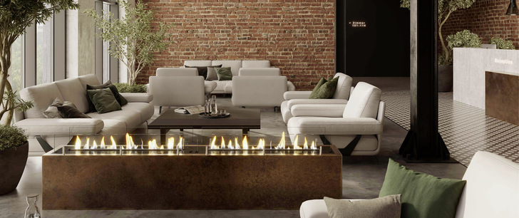 Bei der freistehenden Insellösung von  „ Ebios Fire by Spartherm ”  beeindruckt das von allen Seiten aus einsehbare, großzügige Flammenbild.