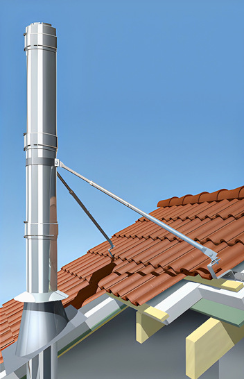 Das Teleskop-Abspannset aus dem Hause Raab: Bis zu 5,5 m oberhalb der letzten statischen Wandbefestigung oder Sparrenhalterung können damit doppelwandige Edelstahl-Abgas­anlagen über Dach geführt werden. 