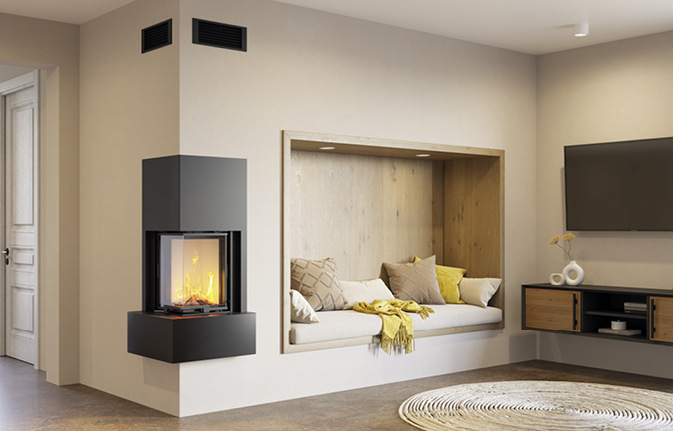 Das platzsparende, raumluftunabhängige Eck-Ofensystem „Kingfire Kanto SC“ mit hochschiebbarer Tür aus Spezialglas bietet viele Gestaltungsmöglichkeiten und einen exzellenten Blick auf das Feuer.