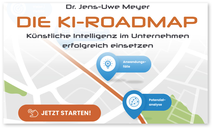Das 240-seitige Buch „Die KI-Roadmap: Künstliche Intelligenz im Unternehmen erfolgreich einsetzen“ von Dr. Jens-Uwe Meyer kostet 34,95 Euro und ist im Buchhandel erhältlich. Über einen Barcode können sich dessen Besitzer in einer digitalen Playbox ein KI-Potenzialanalyse-Tool herunterladen, das ihnen aufzeigt, welche Herausforderungen ihre Teams beziehungsweise  Abteilungen oder Unternehmen mit Hilfe der KI lösen können.