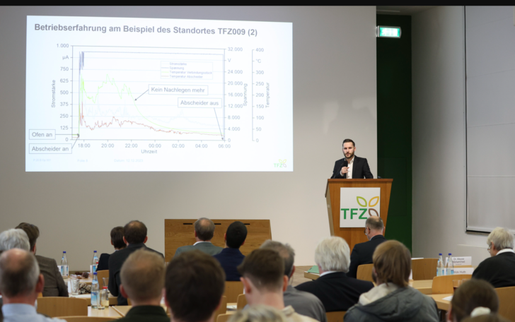 Nico Opitz vom TFZ berichtet auf der Fachtagung in Straubing, wie elektrostatische Staubabscheider im Langzeittest abgeschnitten haben.