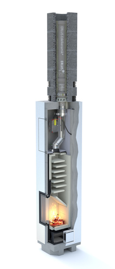 Die Schnittzeichnung zeigt das Innenleben des Erlutherm, der Speicherofen im Schornstein. 