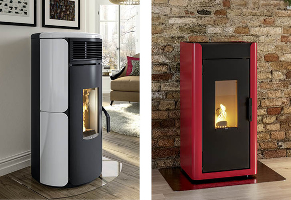 „Dora” (links) und „Idle” (rechts) zwei Pelletöfen, die die Vorgaben der europäischen Ökodesign-Richtlinie 2022 erfüllen, die genaue Kriterien für eine umweltgerechte Produktgestaltung vorschreibt.