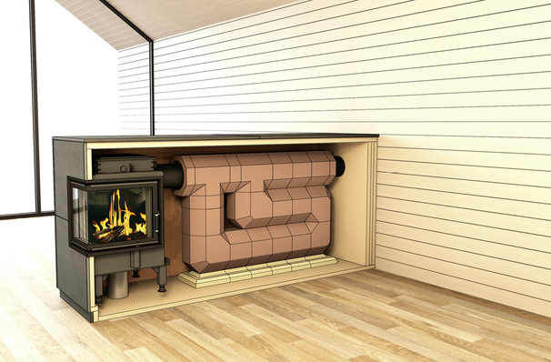 Neuer Eck-Heizeinsatz  „ HE 50/35/45 ” . Neben dem seitlichen Abgang helfen auch die generell ­kompakten Außenmaße der Heizeinsätze wirklich niedrige Anlagen umsetzen zu können.