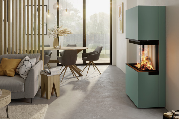  Geräte der   „Lean“-Reihe von Spartherm sind Trendsetter wie die Kompaktanlage in Türkis oder aber als Kamineinsatz   „Lean 3RL-70h-1“.