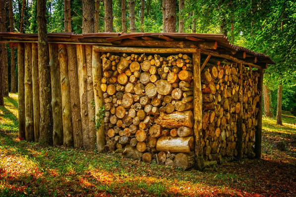 Alt-Text: „Moderne Holzlagerhütte mit optimierter Belüftungstechnologie zur Feuchtigkeitsregulierung, umgeben von Wald, reflektierend auf nachhaltige Speicherlösungen im Ofenbau.“. - © Peter H. auf Pixabay