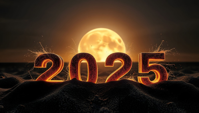 Alt-Text: „Glühende '2025'-Ziffern vor einem dramatischen Vollmond und einer dunklen, strukturierten Landschaft symbolisieren die Zukunftsvisionen im Ofen- und Luftheizungsbau hinsichtlich Energieeffizienz und Digitalisierung. - ©  Wilfried Pahnke auf Pixabay