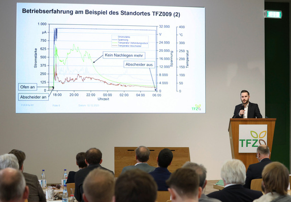 Nico Opitz vom TFZ berichtet auf der Fachtagung in Straubing, wie elektrostatische Staubabscheider im Langzeittest abgeschnitten haben.