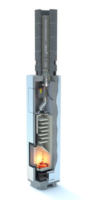 Die Schnittzeichnung zeigt das Innenleben des Erlutherm, der Speicherofen im Schornstein.