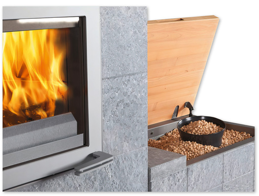 Der Tulikivi-Specksteinofen   „TU 220/50“ ist nur eines von mehreren Modellen, das sich mit dem Pellet­einsatz   „P10 Green“ auch für Pellet­betrieb umrüsten lässt.