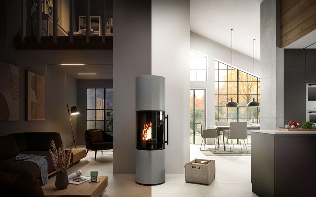 „Brunello2 L“ StilBeton basalt MagicBlack: Charakterstarker Beton, Schott Roba NightFlame – Sichtscheibe und tiefschwarze Brennkammer